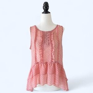 Costa Blanca Womens Pink White Polka Dot Ruffle Hem Whimsy Twee Sheer Top Medium